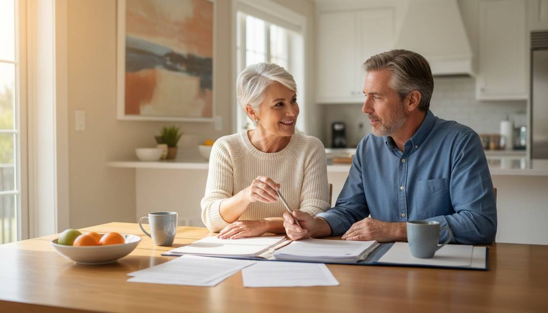 A couple in their fifties reviewing health insurance options at home