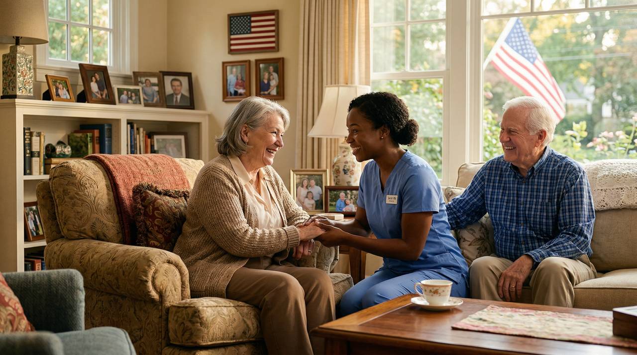 A RoseMark advisor reviewing a long-term care plan with an older couple