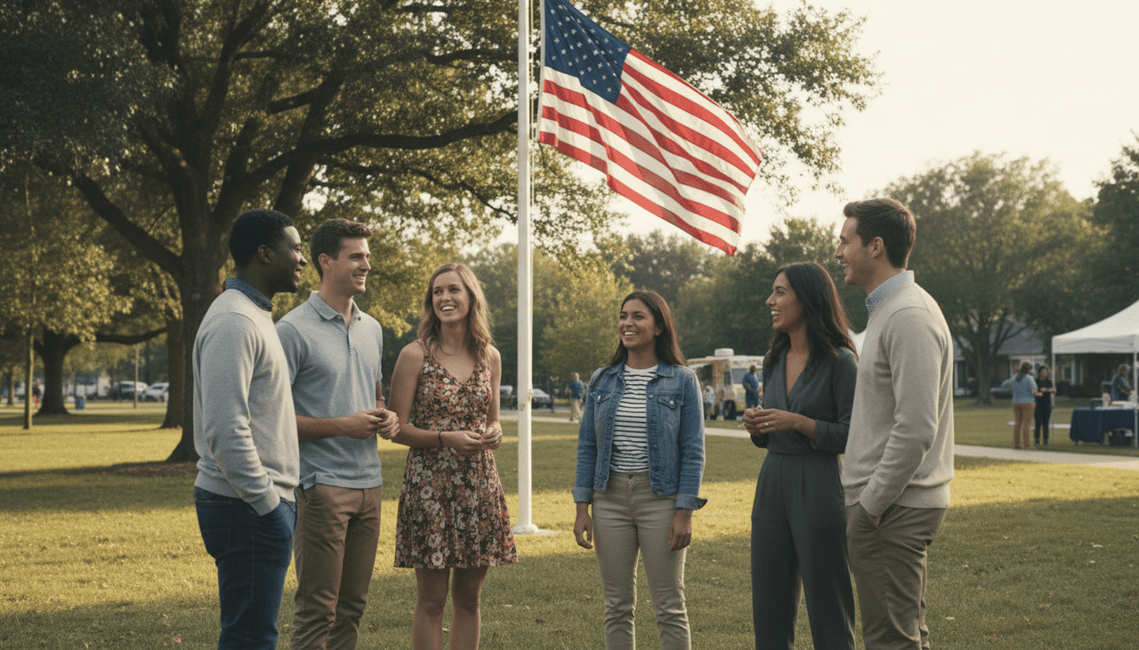 A multi-generational American family standing together at a community gathering with an American flag in the background