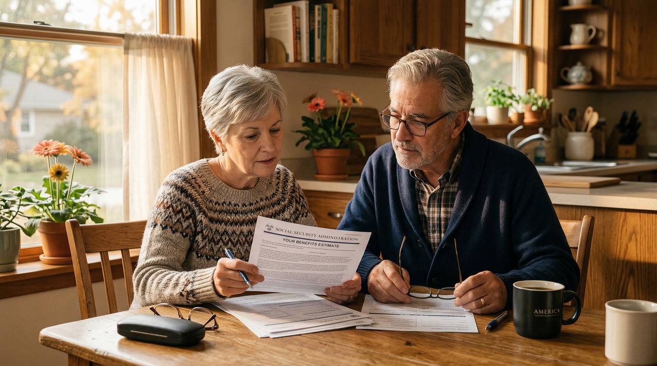 A retired couple reviewing their Social Security claiming options with a counselor