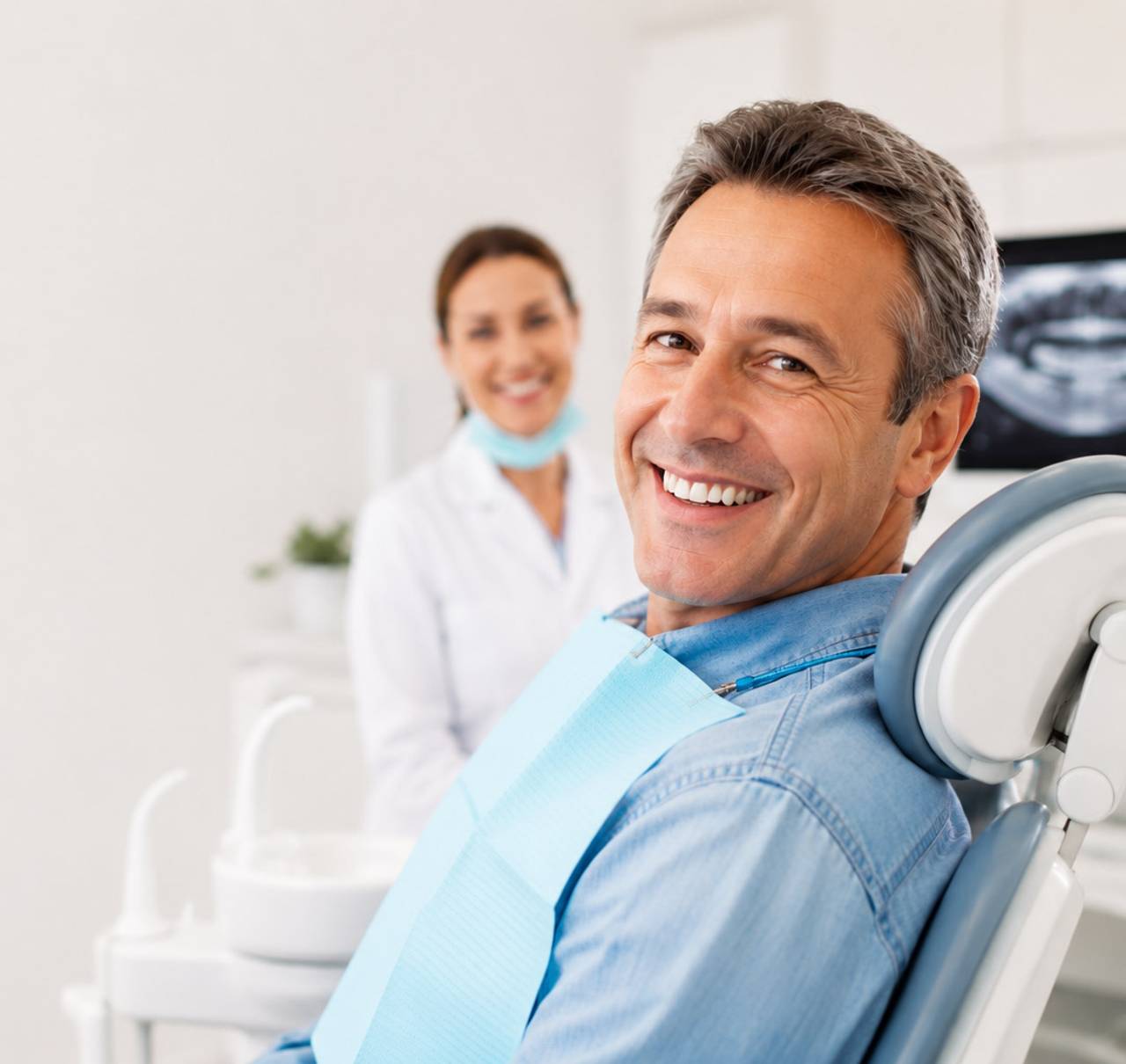 A smiling man in a dental chair with his dentist standing behind him