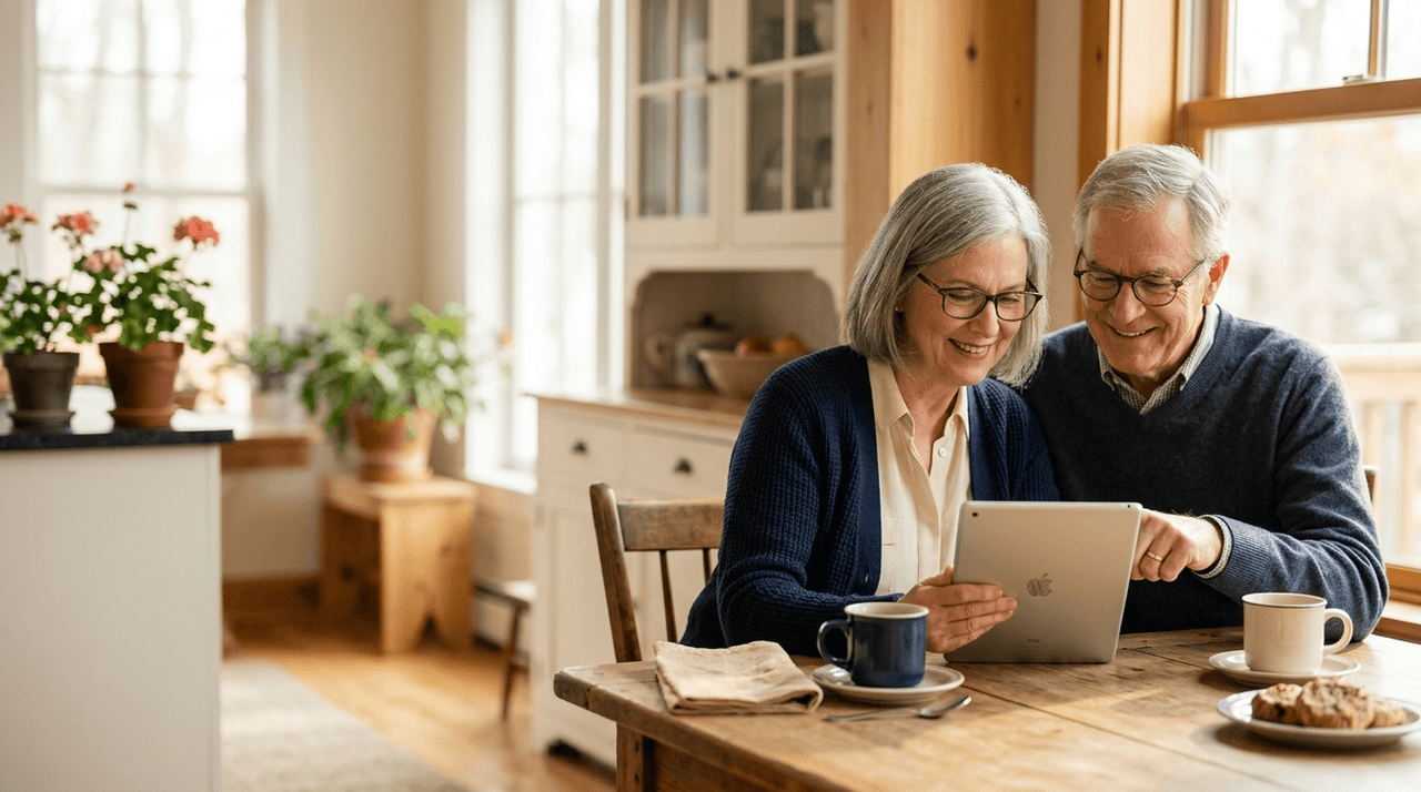 A couple reading the news together over morning coffee