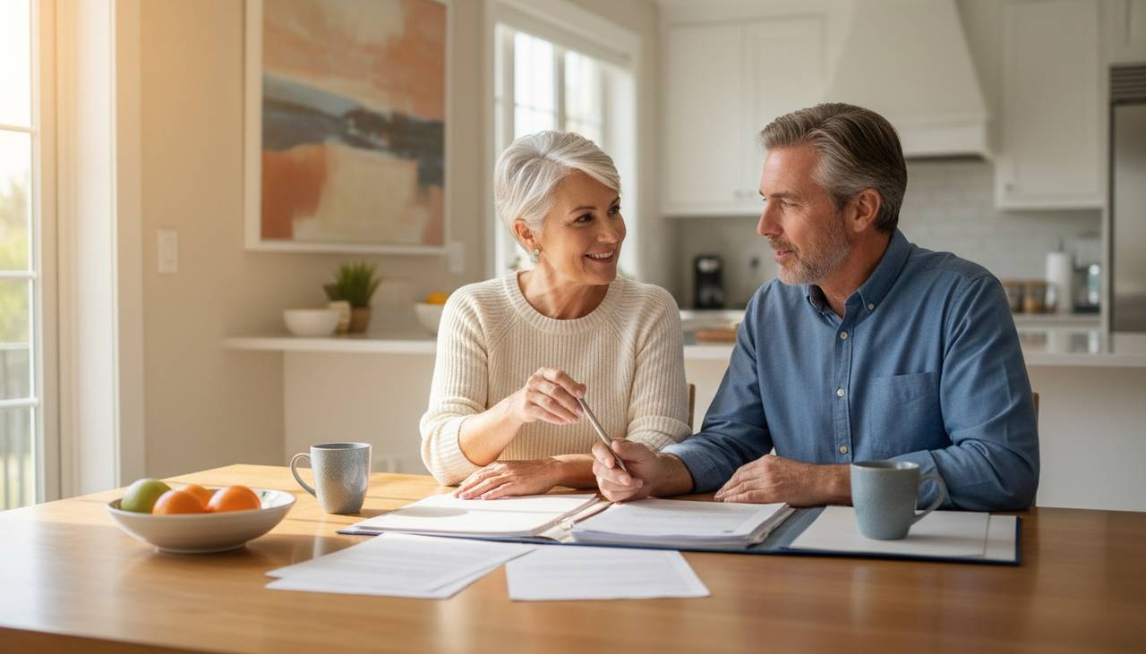 A couple in their fifties reviewing health insurance options at home