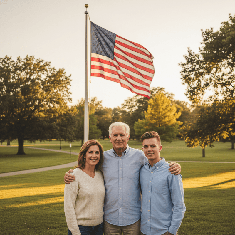 A multi-generational American family standing together in a park