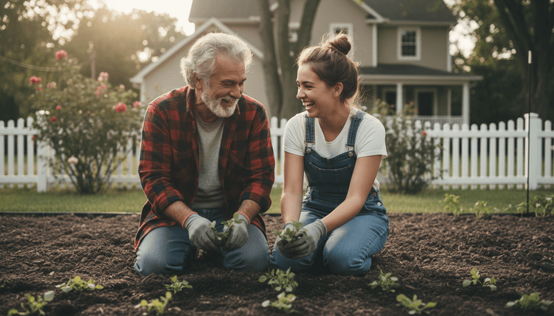 An older man and a young woman gardening together in a suburban backyard